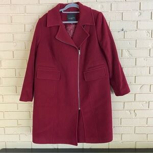 Talbots Womens Long Wool Over Coat Maroon Zip Front Size 16 Full Length Warm